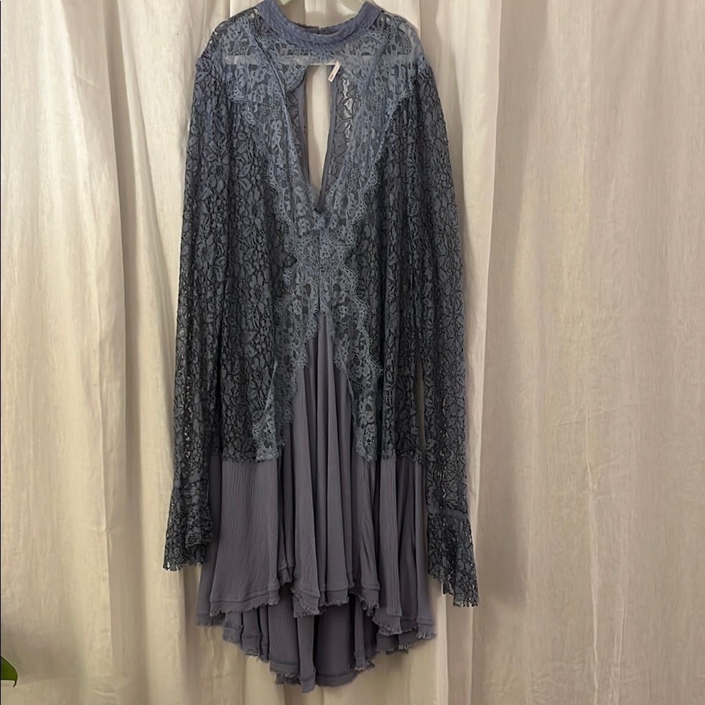 Free People sheer lace keyhole neck swing dress with long sleeves. Periwinkle. M